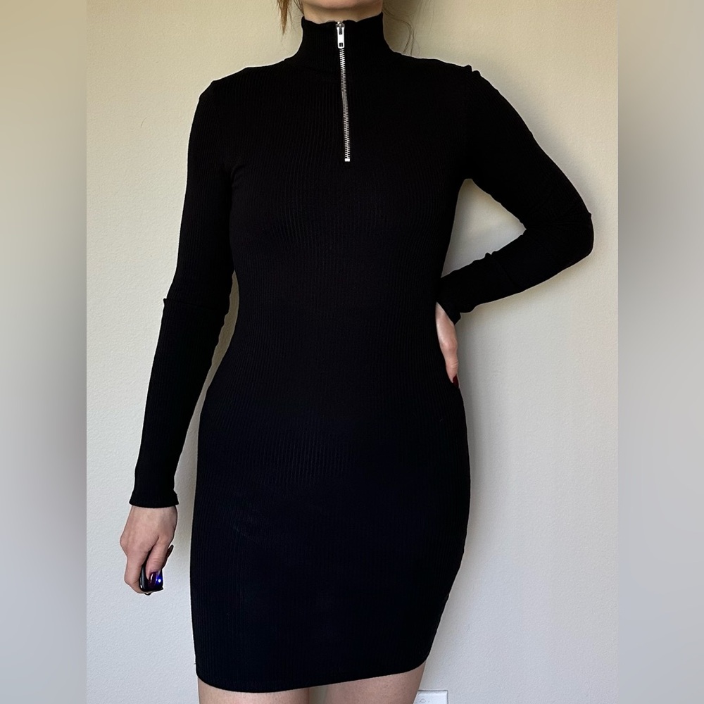 Black Bodycon Mock Neck Long Sleeve Dress